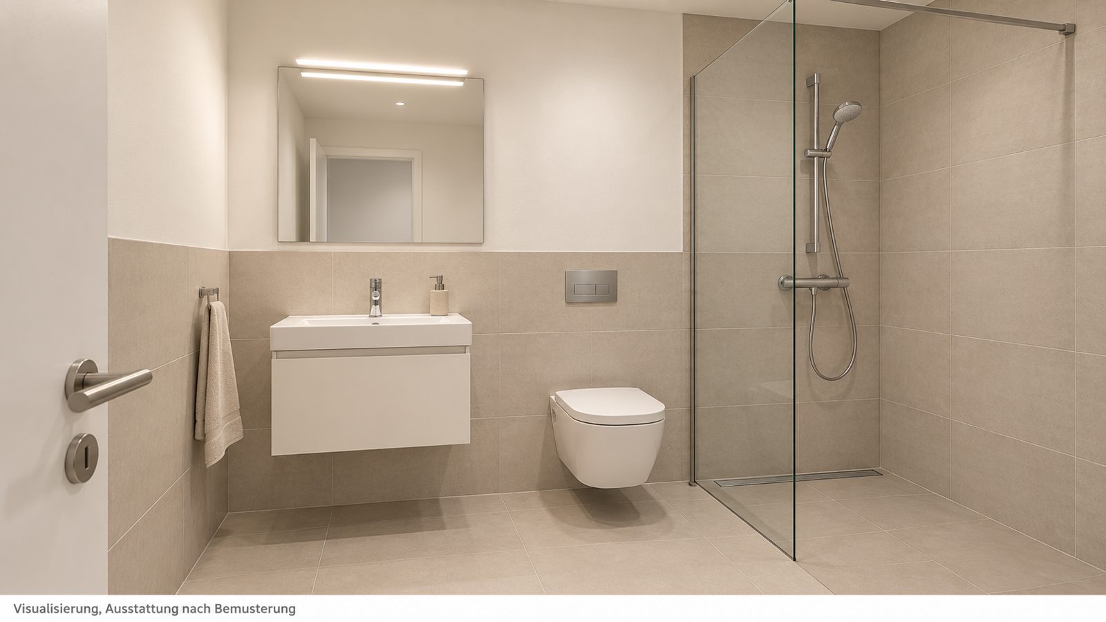 Bad mit bodengleicher Dusche, wandhängendem WC und Waschtisch, Visualisierung
